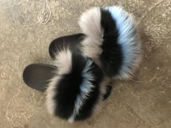 

2020 new arrivals creative slippers female real multicolor rainbow fur, Black