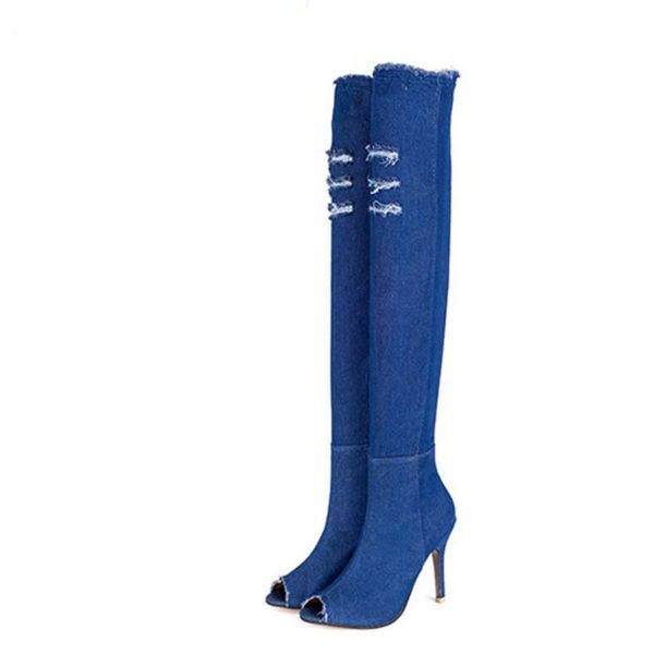 

2020 european and american new fish mouths fashion open toe ultra high heels over-the-knee elastic stovepipe cool boots denim bo, Black