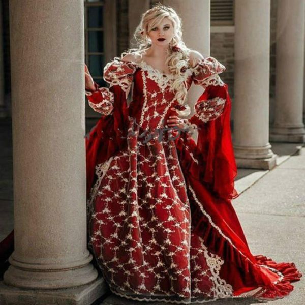 Abiti da sposa gotici della regina rossa di fantasia Abiti da ballo medievali da giardino di campagna di Halloween con abiti da sposa con corsetto a maniche lunghe in pizzo