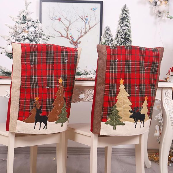 

christmas decorations forest plaid cloth chair cover elk stickers stool cover home restaurant christmas atmosphere layout
