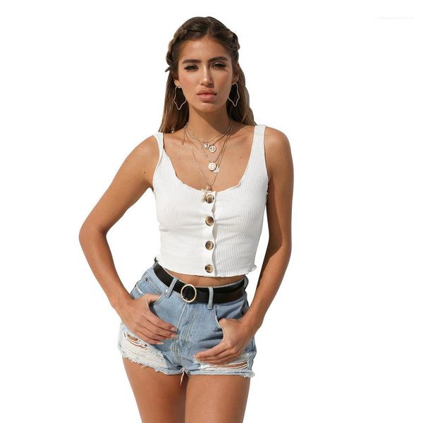 

women summer sleeveless tees crop solid button tshirts beach designer, White