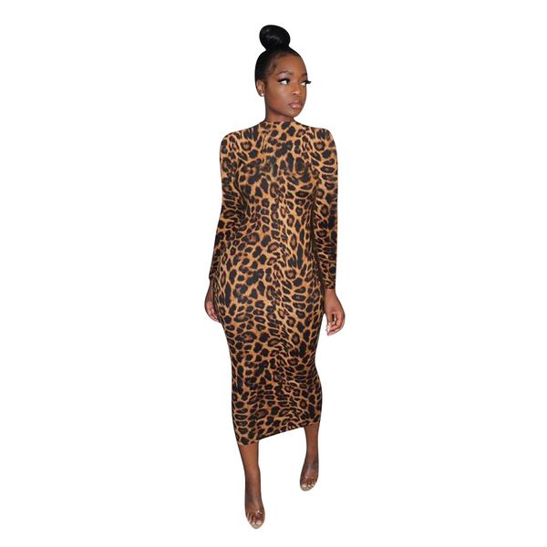 

womens designer dresses long sleeve leopard print high neck bodycon dress fashion casual midi dress, White;black