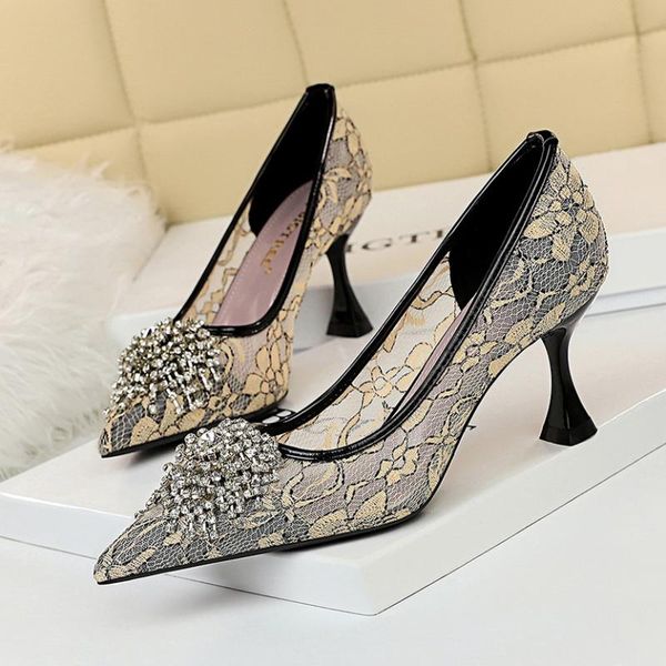 

high heels women 2020 new fine-heeled mesh sandals lace hollow embroidered rhinestone pointed wedding shoes, Black