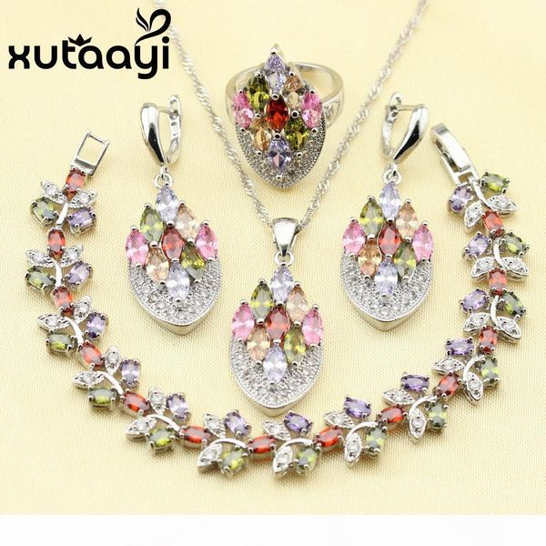 

xutaati 4pcs 925 sterling silver jewelry set flower multicolor stones cubic zirconia earrings ring necklace pendant bracelet