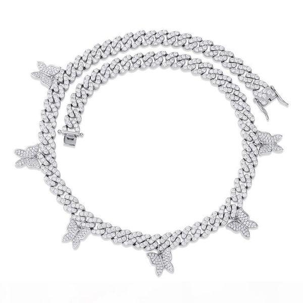 

men women fashion necklace gold silver color full cz butterflies 12mm cz cuban chain necklace for men women