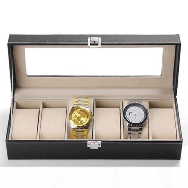 

wholesale-6 slots faux leather wrist watch display box storage holder organizer case, Black;blue