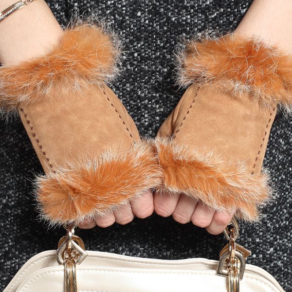 

2020 genuine leather fingerless women gloves female elegant hair half finger suede sheepskin gloves 3863, Blue;gray