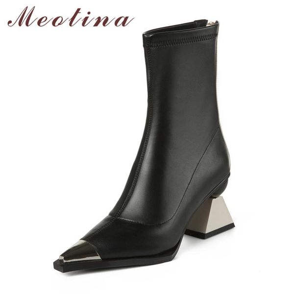 

meotina metal decoration genuine leather high heel mid calf boots women shoes pointed toe zip strange style heels boots lady 40, Black