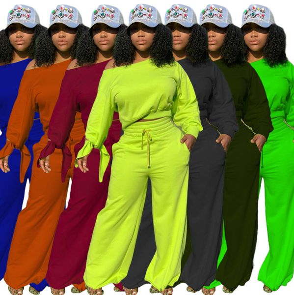 

ty1872 women's suit autumn and winter solid color long sleeve knotted wide leg pants two-piece set p9852, Gray