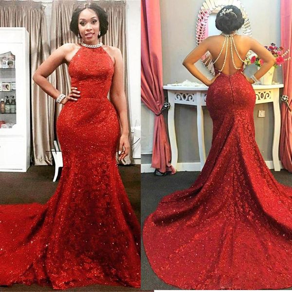 

red halter long-train sleeveless pearls-chain sparkly mermaid amazing open-back prom dress special occasion dresses evening dress plus size, Black;red