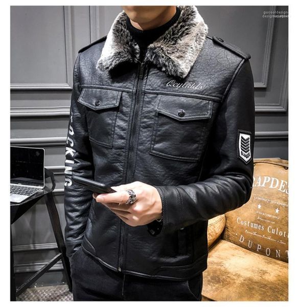 

куртка мужская из искусственного меха воротник куртки конструктора pu кожа толстые осень зима письмо вышивки байкер, Black