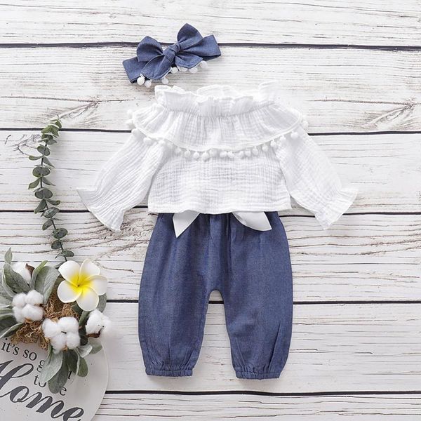 

clothing sets 3pcs infant baby christmas clothes girls flare sleeve ruffles solid print +pants+headband princess outfits set, White