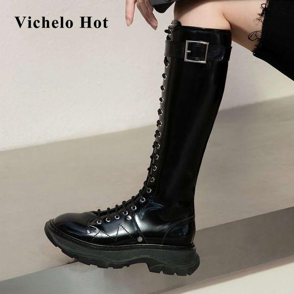 

vichelo 2020 winter limited customization real leather round toe thick bottom riding boots gentlewomen knee-high boots l10, Black