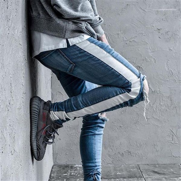 

vintage mens designer jeans fashion ripped panelled ribbon slim zipper fly mid waist jeans fashion street mens pants, Blue