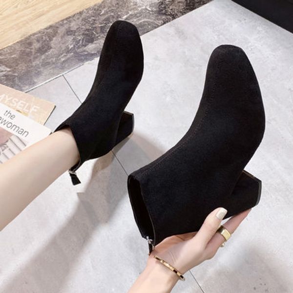 

2020 autumn and winter women plus velvet fashion thick heel short boots fashion casual british square head warm women's boots, Black