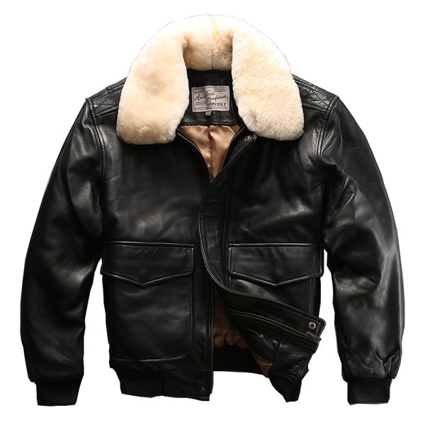 

1232 big usa size air force flight suit g1 pilot fur collar thick warm leather jacket genuine sheep leather jacket 200922, Black