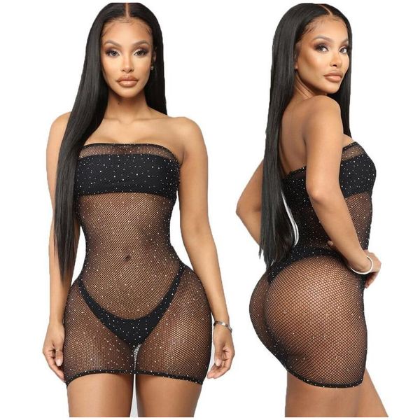 

women crystal exotic lingerie rhinestone bodysuit nightdress lady fishnet mesh backless babydoll porno transparent underwea, Red;black
