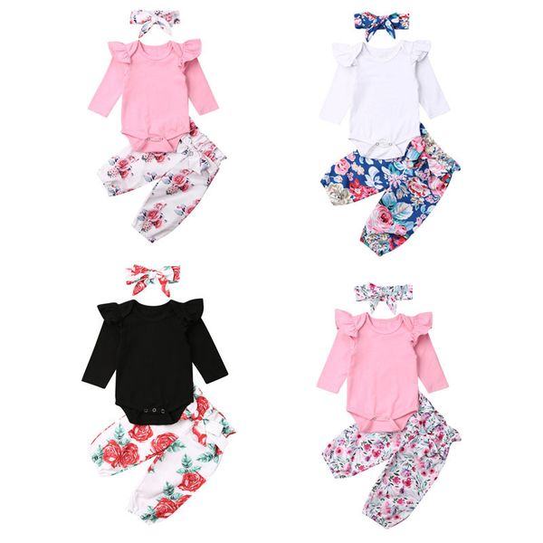 

2020 baby 3pcs autumn clothing newborn baby girl infant flower clothes long sleeve romper floral pants outfit set, White