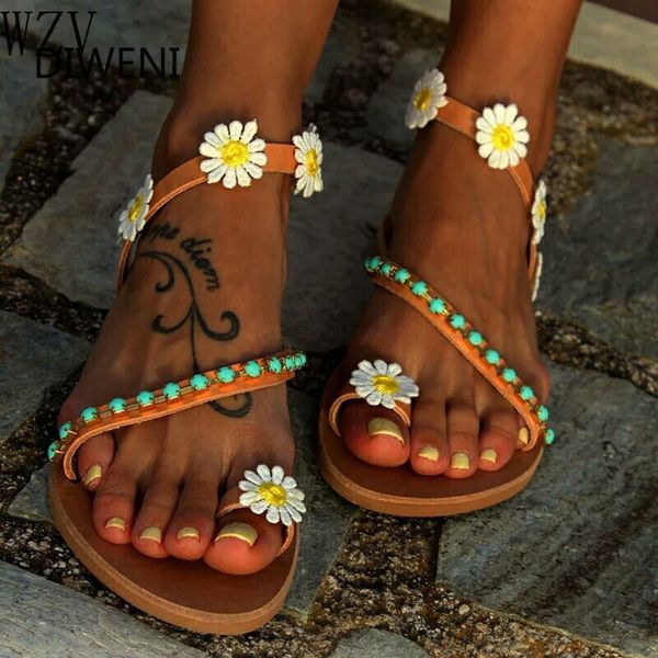 

diweini summer new woman sandals sweet bohemian women shoes flowers beaded bracelet flat sandals plus size 43 tenis feminino, Black