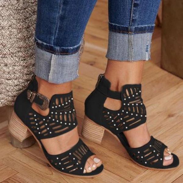 

new classic women fashion sandals thick heel women vintage hollow carved peep toe square heel wedges sandals high heels shoes, Black