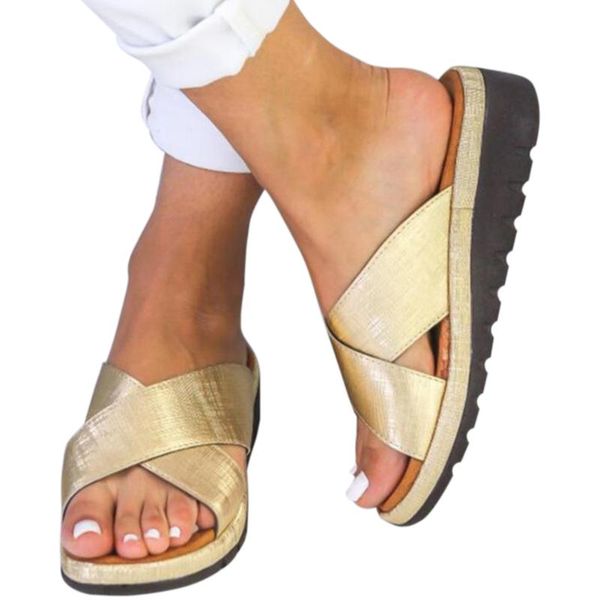

open toe women slipper summer non slip pu leather holiday comfortable cross fashion simple all-match flat heel casual solid, Black
