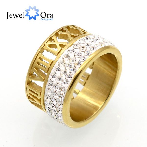 

12mm width roman numerals hollow out 316l stainless steel cz rings for women gold plated jewelry ( ri102370) 17401, Golden;silver