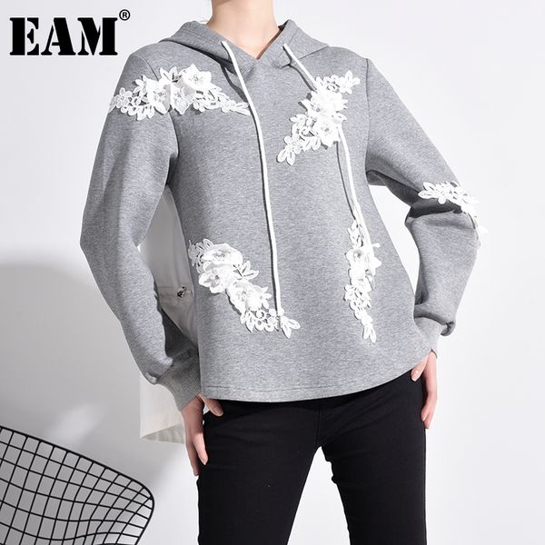 

eam] loose fit embroidery nailed drawstring sweatshirt new hooded long sleeve women big size fashion tide spring 2020 1m98102, Black