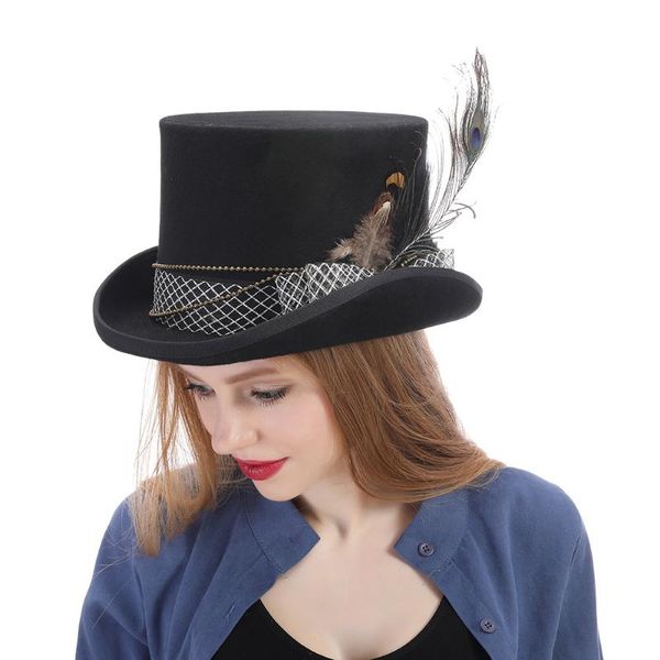 

15cm 4 size wool black women men steampunk hat for lady handmade fashion feather fedora cosplay magic hat, Blue;gray