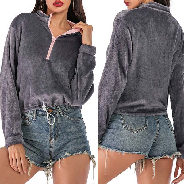 

women casual flannel half-zip crop long sleeve crop sweatshirt loose casual pullover grey, Black