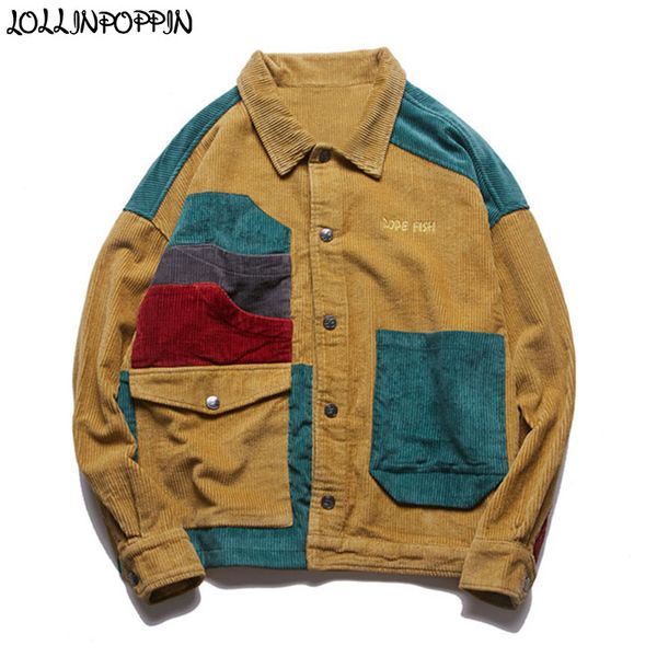 

men's jackets hip hop streetwear men patchwork color 100% cotton corduroy jacket turn down collar vintage mens coat outerwear drop shou, Black;brown
