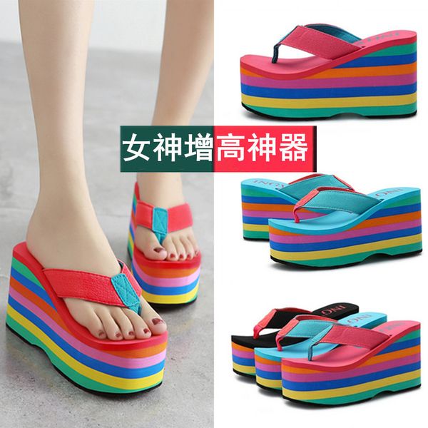 

high-heeled slippers female summer wear korean thick bottom flip-flops fashion wedge heel beach shoes wild muffin bottom sandals, Black
