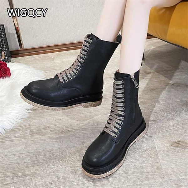

2020 autumn winter new women's thick-soled thick heel lace-up boots women british style side zipper women boots w107, Black