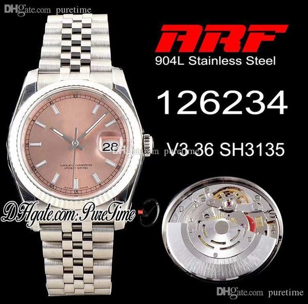 

arf v3 datejust 36 126234 sh3135 automatic mens watch 904l steel fluted bezel pink dial stick marker jubilee bracelet new puretime rd4, Slivery;brown