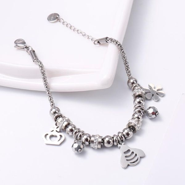 

cute bee snow crown pendant stainless steel bracelet for women silvery clear crystal gig glass popcorn chain bracelet jewelry, Golden;silver
