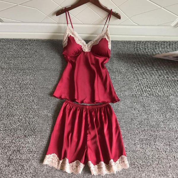 

2020 women pajamas sleepwear pyjamas sets summer silk strap nightwear short pants casual home sleep clothes new ld, Black;red