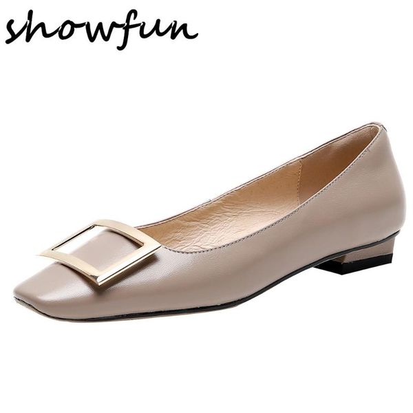 

women's genuine leather slip-on flats square toe metal buckle soft comfortable casual ballerinas female shoes sale, Black