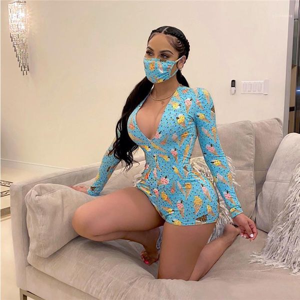 

jumpsuits summer rompers long sleeve one piece suits lady clothing v neck printed women designer, Black;white