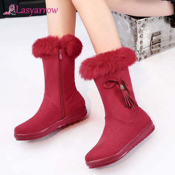 

lasyarrow casual winter warm plush snow boots round toe hair fringe bowknot yellow gray low heels women's mid-calf boots, Black