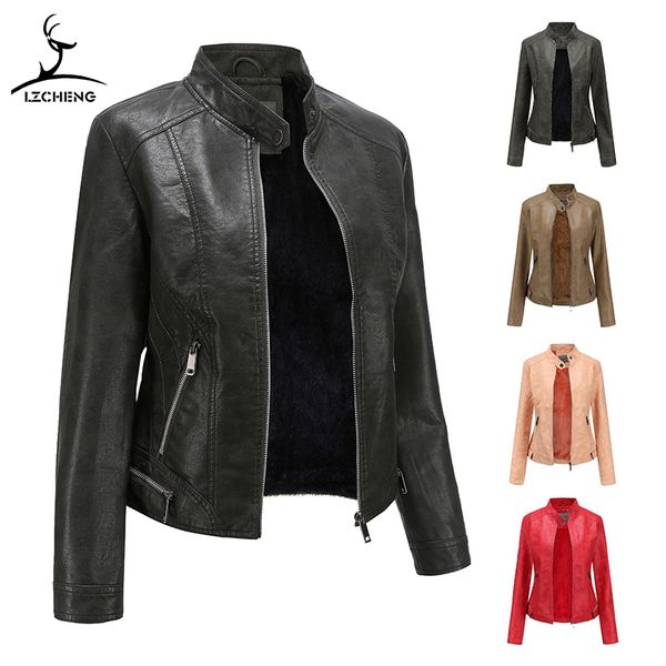 

vintage matte grey leather jacket women wool inner winter suede stand collar motor biker coat cool girl fashion, Black