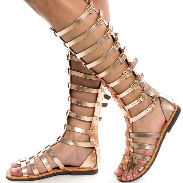 

Â plus size 35-43 women gladiator roman sandals open toe knee high cut outs sandals boots flat heels zippers summer buckle shoes, Black