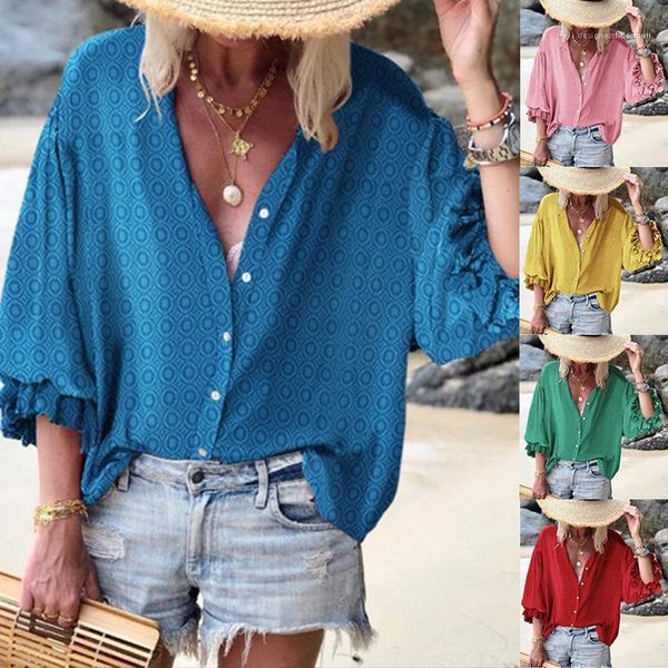 

breasted loose long sleeves casual famale shirt ladies designer apparel womens round neck printed shirt single, White