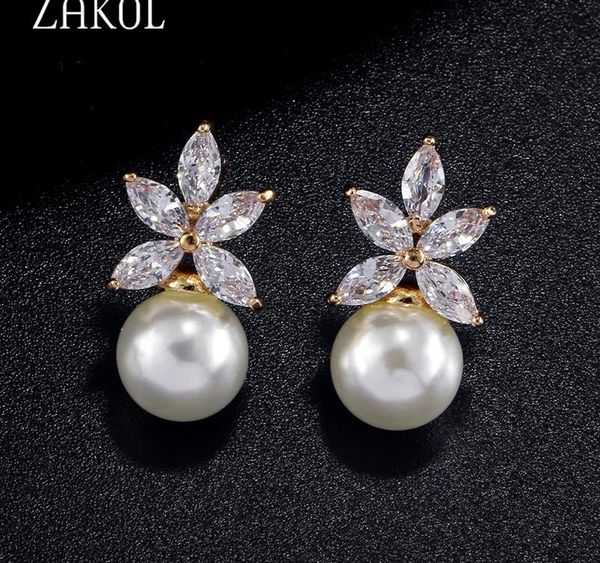 

zakol white color fashion imitation pearl leaf shape stud earring for women wedding brincos dinner party002, Golden;silver