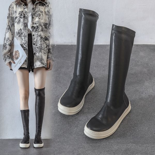

women's martin boots 2020 autumn winter new arrival flat fashion boots set feet wild thick-soled over the knee solid color, Black