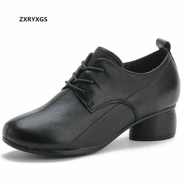 

2020 autumn new cowhide lace-up thick-heels women leather shoes women's shoes comfortable fashion casual high heels, Black