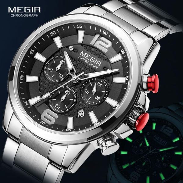

megir men watches 2020 luxurry sport quartz watch man 3bar waterproof luminous chronograph wristwatch stainless steel strap male, Slivery;brown
