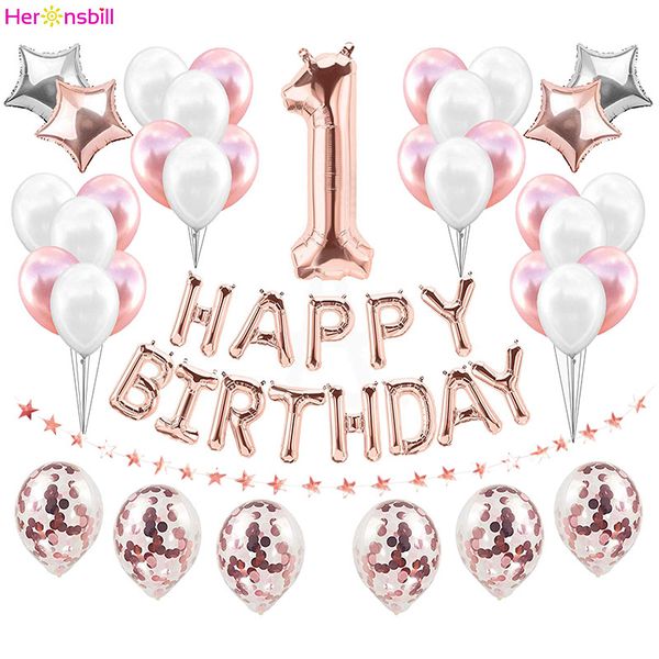 

first happy birthday balloons foil number ballon banner 1st baby boy girl party decorations my 1 one year supplies rose gold