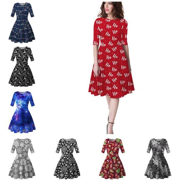 

women knee length dress christmas trees snowflower printed tunic dresses half sleeve slimming skirt xmas party dress fashion clothing d9304, Black;gray