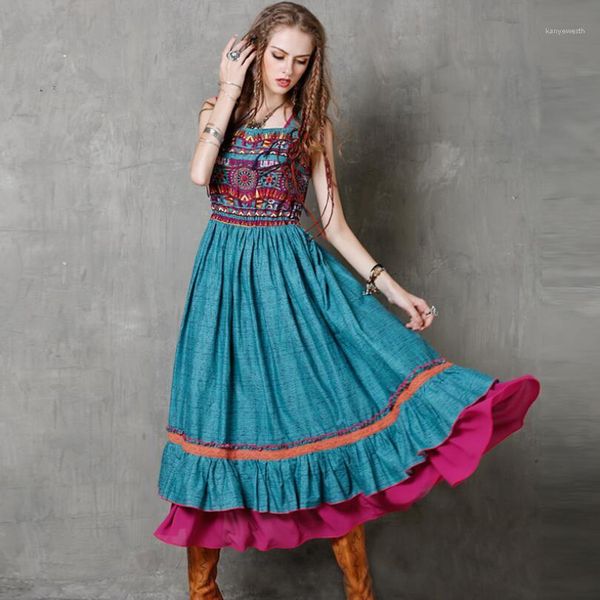 

womens dresses boho hippie vintage national ladies dress dancing swaying long dresses summer printed designer, Black;gray