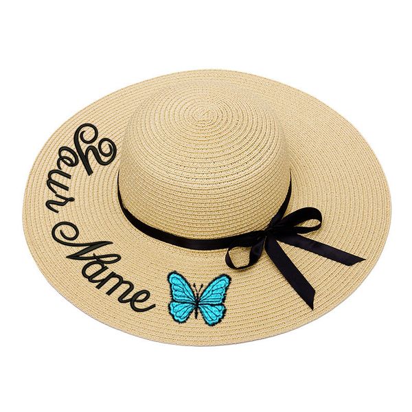 

embroidery personalized custom text your name logo women sun hat large brim straw hat outdoor beach butterfly cap dropship, Blue;gray