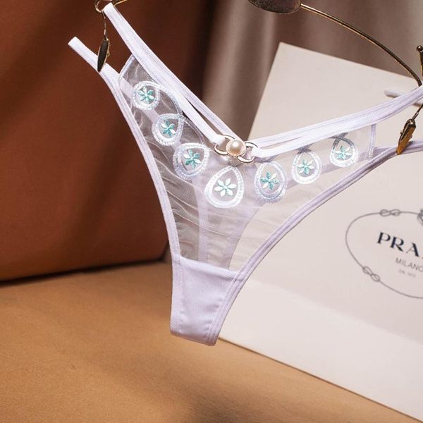 

summer new embroidery transparent european and american ladies thong mesh perspective cross temptation panties, Black;pink